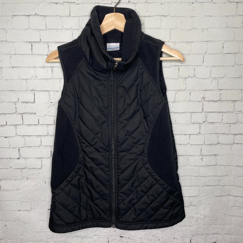 Women's Columbia Black Quilted Fleece Vest Small Full Zip Winter Warm Cozy
